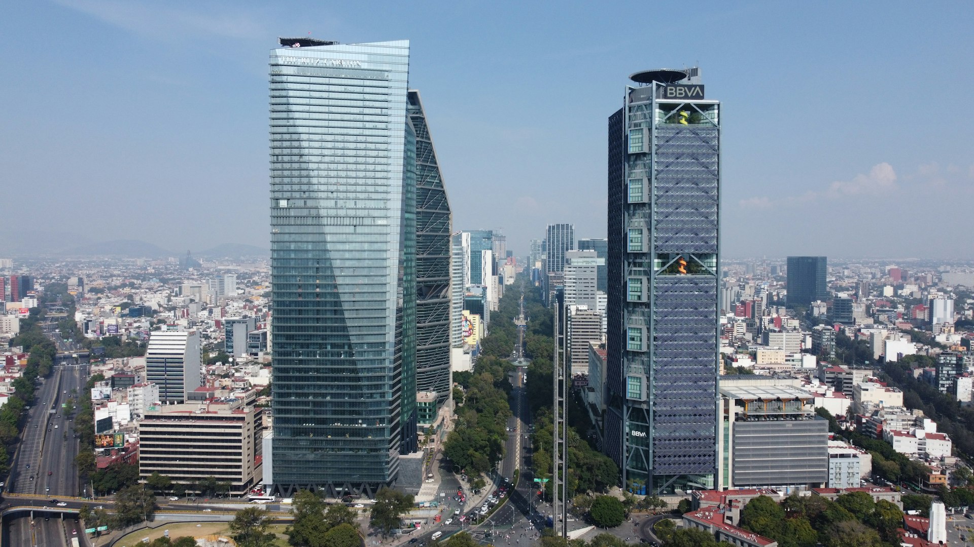 Aerial view of Mexico City with modern residential buildings in Santa Fe